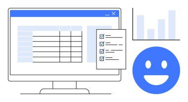 Bilgisayar monitörü bir tablo, işaretlenmiş ögeler, çubuk grafik ve gülen yüzlü kontrol listesi gösteriyor. Analiz, organizasyon, verimlilik, geri bildirim, görev yönetimi raporları ve basit iniş için ideal