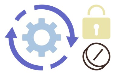 Oklar içinde mavi dişli, sarı kilit ve çapraz çizgili daire. İş akışı, verimlilik, güvenlik, güvenlik, veri yönetimi, dijital güvenlik kısıtlaması için ideal. Basit düz metafor