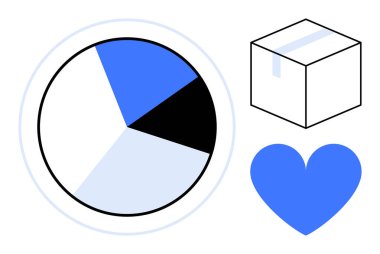 Mavi, siyah ve beyaz renkli minimalist pasta grafiği, bir paket ve bir kalp ikonu. Analiz, veri görselleştirme, iş stratejisi, lojistik dağıtım müşteri memnuniyeti için idealdir.