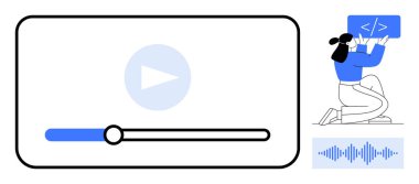 Oynat düğmesi ve ilerleme çubuğu olan video oynatıcı, geliştirici kod ekranı ile diz çökmüş, ses dalgası formu. Medya, kodlama, programlama, teknoloji, öğrenme, geliştirme için ideal basit iniş sayfası