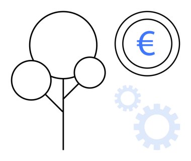 Avro para ve dişlilerin yanında dairesel dalları olan ağaç. Finans, sürdürülebilirlik, ekoloji, yenilik, büyüme, yatırım, kalkınma için ideal. Modern tasarım basit düz metafor