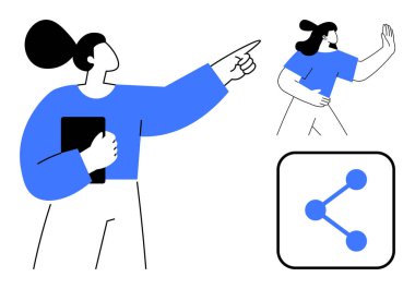 Tablet tutan kadın, sosyal bir ikona işaret ediyor, diğeri uzaklaşıyor. Takım çalışması, iletişim, teknoloji entegrasyonu, işbirliği, dijital platformlar, eğitim sade iniş için ideal