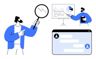 İki profesyonel, çizelge ve bir büyüteçle birlikte mesaj yazılımı olan bir tahtadaki verileri analiz ediyor. Veri analizi, takım çalışması, iş stratejisi, sunum, iletişim, araştırma için ideal