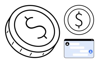 Bir mesajlaşma penceresinin yanındaki dolar para simgeleri para birimini, dijital iletişimi ve çevrimiçi ödemeyi vurguluyor. Fintech, ecommerce, bütçe, kripto, iş analizi, ödeme sade iniş için ideal