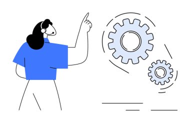 Kadın büyük ve küçük dişlileri işaret ediyor, işbirliğini, stratejiyi, yeniliği, teknolojiyi, takım koordinasyonunu sembolize ediyor. Üretkenlik, iş akışı ekip çalışması verimliliği için ideal. Basit düz