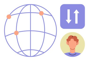 Bağlantı noktaları olan dünya, kullanıcı profili avatarı, veri transferini gösteren yukarı ve aşağı oklar. Teknoloji, iletişim, ağ, veri alışverişi, küreselleşme, dijital platformlar için ideal