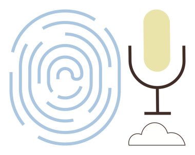 Parmak izi kalıbı, mikrofon, bulut simgesi biyometrik güvenlik, ses tanıma ve bulut depolama. Siber güvenlik, veri erişimi, mahremiyet, yapay zeka kimliği için ideal