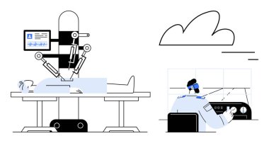 Uzaktan kumandalı bir istasyonda kontrol paneli olan bir doktorun rehberliğinde hastaya ameliyat yapan robotik kol. Tıbbi yenilik için ideal, teletıp, yapay zeka, sağlık, robot bilimi, gelecekteki teknoloji, basit