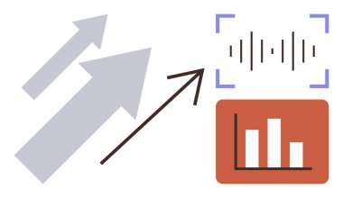 Yukarı doğru büyümeyi gösteren oklar, analiz için çubuk grafiği ve ses dalgaları. Büyüme, strateji, analiz, içgörü, teknoloji performansı ve ilerleme için idealdir. Basit düz metafor