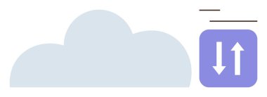 Yukarı ve aşağı okları olan mor bir karenin yanında bulut simgesi veri senkronizasyonu, bulut depolama ve dosya paylaşımını sembolize eder. Teknoloji, yedekleme, ağ, veri yönetimi, dijital erişim için ideal