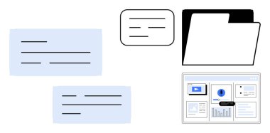 Belgeler, metin kutuları, klasör ve organizasyonu temsil eden dijital arayüz, veri yönetimi, üretkenlik veya iletişim. İş akışı için ideal, bulut depolama yazılımı UX ofis görevleri dijital