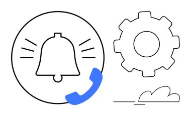 Çıngıraklı çan, telefon ahizesi, vites sembolü ve bulut. Alarmlar, hatırlatıcılar, iletişim, tebligat ayarları, verimlilik ve organizasyon için idealdir. Basit düz metafor