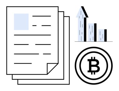 Yükselen bar grafiği ve Bitcoin para birimi sembolünün yanına istiflenmiş belgeler. Finans, kripto para birimi, yatırım, iş stratejisi, büyüme analizi, teknoloji girişimleri, basit iniş sayfası için ideal