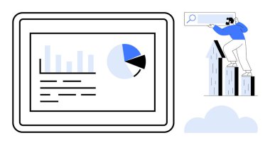 Çubuk grafik, pasta grafiği ve çizgilerin bulunduğu tablet arama çubuğunda duruyor. Analiz, araştırma, strateji, teknoloji, planlama ve büyüme için ideal