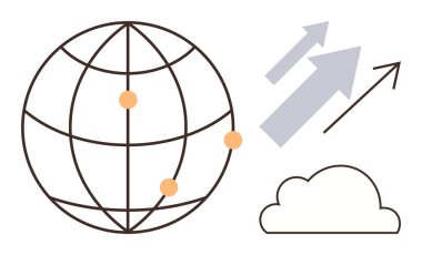 Bağlantı noktaları olan küre, yukarı doğru büyümeyi gösteren oklar, bulut şekli. İletişim, yenilik, teknoloji, küresel ticaret, dijital hizmetler, basit düz veri metaforu için ideal