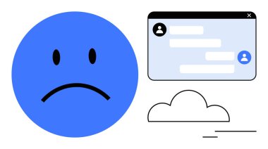 Mavi üzgün surat, mesaj kutusunun yanında sohbet baloncukları ve bulutlarla. Ruh sağlığı için ideal, sosyal medya, çevrimiçi iletişim, duygusal refah, üzüntü, dijital stres, basit iniş sayfası