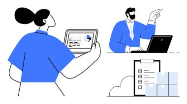 Tabletteki verileri gözden geçiren bir kadın, dizüstü bilgisayarda çalışan bir adam, tamamlanmış görevleri olan kontrol listesi. Takım çalışması, iletişim, planlama, üretkenlik, liderlik, yönetim için ideal basit