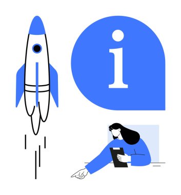 Roket fırlatılıyor, kadın tablet kullanıyor ve işaret ediyor, büyük bilgi simgesi. Yenilik, teknoloji, rehberlik, takım çalışması, ürün tanıtımı, danışmanlık ve basit bir iniş sayfası için ideal