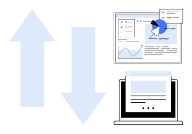 Ekranlarda grafik, grafik ve veri arayüzü olan yukarı ve aşağı oklar. Veri analizi, iş büyümesi, karar verme, performans takibi, finansal ölçümler ve basit iniş için ideal