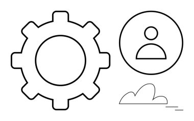 Ayarlar için vites, kullanıcı kimliği için profil ve teknoloji ve veri depolama için bulut. Teknoloji, yazılım, kullanıcı yönetimi, bulut depolama, ağ geliştirme konuları için idealdir. Basit.