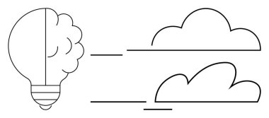 Akan bulutlarla bağlantılı yarım ampul, yenilikleri, dinamik fikirleri, yaratıcılığı temsil ediyor. İlham, hayal gücü, tasarım düşüncesi, takım çalışması, üretkenlik artışı için ideal