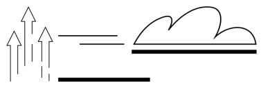 Yatay çizgilerin yanındaki yukarı doğru oklar ve bulut anahatları ilerlemeyi, yeniliği ve başarıyı simgeliyor. Büyüme, görme, arzu, dönüşüm, strateji ve devamlılık için ideal