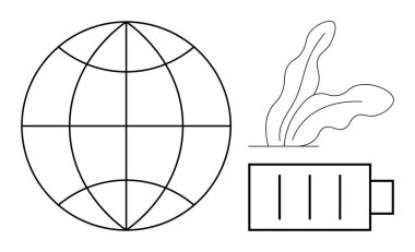 Küre şebekesi, pil ve soyut yapraklar küresel sürdürülebilirlik, yenilenebilir enerji ve doğa korumasını temsil eder. Ekoloji, teknoloji, çevre, enerji tasarrufu küresel meseleler için ideal