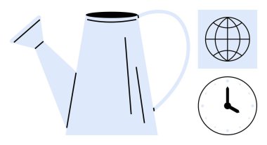 Sulama, bakım ve büyümeyi, küresel sorumluluğu temsil eden küreyi ve zaman farkındalığı için saati sembolize edebilir. Sürdürülebilirlik, çevre bakımı, büyüme, zaman yönetimi, küresel