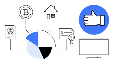 Bitcoin, ev ve dokümanlar bir pasta grafiğine bağlı, baş parmak ikonu ve monitörle birlikte. Finans, varlık tahsisi, yatırım, blok zinciri, mülkiyet sözleşmeleri için ideal