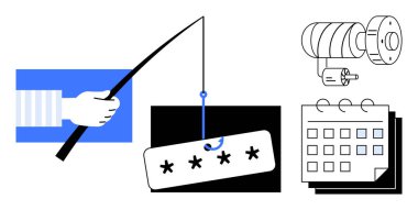 Olta kamışı şifre, güvenlik kamerası ve dijital tehditleri gösteren takvim. Siber güvenlik, sahtekarlık, dolandırıcılık, dolandırıcılık ve güvenlik için idealdir. Basit düz