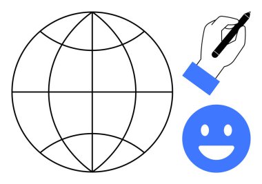 Dünya çizgisi ve gülümseyen yüzün yanında kalem tutan bir el. Yaratıcılık, eğitim, küresel bağlantı, yenilik, iletişim, dijital tasarım, basit iniş sayfası