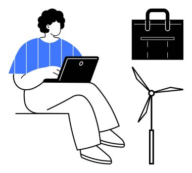 Yenilenebilir enerjiyi vurgulayan bir dizüstü bilgisayar, rüzgar türbini ve profesyonelliği sembolize eden bir iş çantası üzerinde çalışan şahıs. Sürdürülebilirlik, iş-yaşam dengesi, teknoloji ve iş için ideal