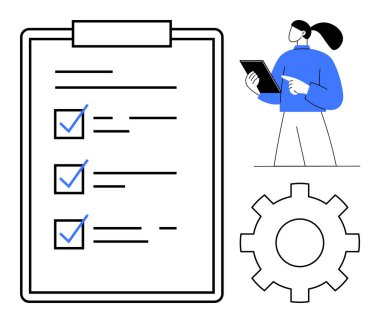 Tamamlanmış görevleri olan büyük bir kontrol listesi, tablet ve teçhizatı inceleyen kişiler. Planlama, organizasyon, kontrol listesi tamamlama, iş akışı yönetimi, otomasyon, takım çalışması basit iniş sayfası için ideal