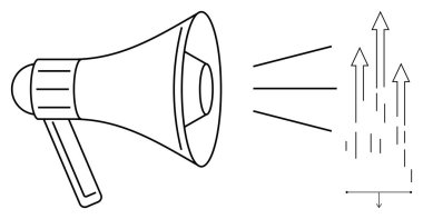 Megafon yukarı doğru ok atarak ses dalgaları yayıyor. Büyümeyi, ilerlemeyi ve amplifikasyonu simgeliyor. Pazarlama, iletişim, promosyon, iş büyümesi, strateji yeniliği için ideal. Basit.