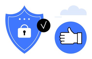Kilitli bir kalkan, doğrulama işaretleri ve güvenlik ve güveni yansıtan başparmak ikonu. Siber güvenlik, onay, güvenlik, güvenilirlik, kullanıcı memnuniyeti, basit bulut hizmetleri için ideal