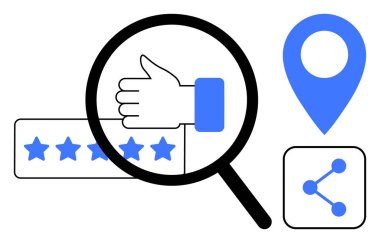 Büyüteç başparmakları, yıldız derecelendirme çubuğu, konum broşu ve paylaşım simgesi. Geribildirim, gözden geçirme, kalite, bağlılık, hizmet seyrüsefer gibi kavramlar için idealdir basit iniş sayfası