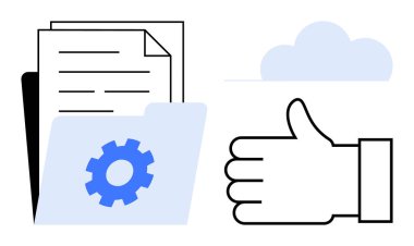 Bir dişli simgesi, baş parmak işareti ve bulut simgesi içeren dosya. İş akışı optimizasyonu, dosya yönetimi, bulut hizmetleri, yazılım entegrasyonu, onay süreçleri, dijital depolama için ideal