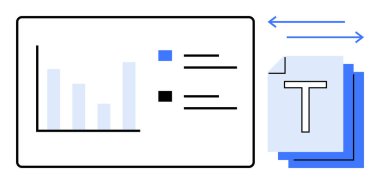 Efsanevi etiketli bar tablosu, metin sembollü istiflenmiş belgeler, paylaşımı veya senkronizasyonu gösteren oklar. Rapor tasarımı, iş akışı, takım çalışması, analitik, iş, bulut depolama için ideal basit