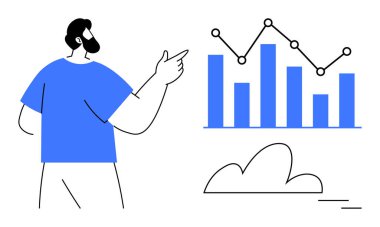 Bar çizelgesine ve çizgi grafiğine bulut şeklinde el kol hareketi yapan kişi. Analiz, büyüme, strateji, sunum, takım çalışması, veri analizi ve eğitim için ideal. Temiz ve basit düz metafor