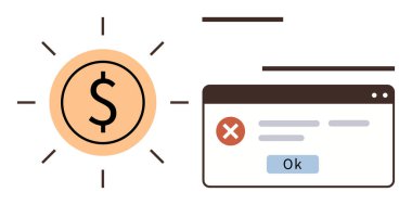 Tarayıcı pencereli, bir hata iletisi ve Ok düğmesini vurgulayan dolar işareti. Finans, ödeme hatası, çevrimiçi işlem, sorun giderme, uyarı, bilgilendirme, basit daire