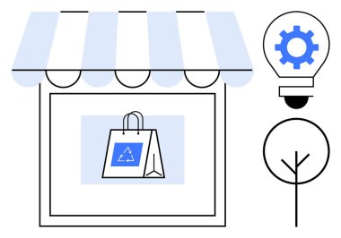 Vitrindeki tentenin altında geri dönüşüm logosu olan bir alışveriş çantası, teçhizatlı ampul, basit bir ağaç. Sürdürülebilirlik, yeşil iş, eko-ticaret, yenilik, eko-eğitim, yenilenebilir konsept için ideal