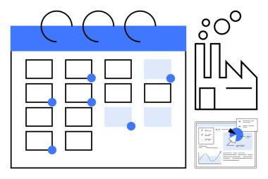 İşaretli tarihler, fabrika ikonu ve planlama, planlama, üretim, veri analizi, üretkenlik ve süreç optimizasyonunu temsil eden analitik diyagramı içeren bir takvim. İş planlaması için ideal