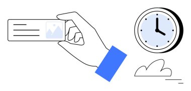 Klasik yuvarlak saat ve bulutun yanında bir kimlik kartı tutuyor. Zaman yönetimi, zamanlama, kimlik, organizasyon, atamalar, verimlilik ve basit iniş sayfası için ideal