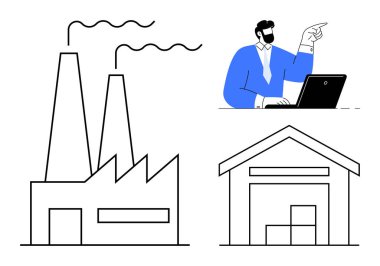 Bacaları duman çıkaran bir fabrika, depolama kutuları olan bir depo ve profesyonel analiz operasyonları. Sanayi, tedarik zinciri, üretim, lojistik, yönetim ve ticaret için ideal