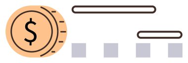 Dolar işaretli sikke, yatay çubuklar ve kareler finans, analitik, bütçe, veri içgörüsü, yatırım, ekonomik trendler ve zenginlik yönetimini sembolize ediyor. Basit düz metafor için ideal