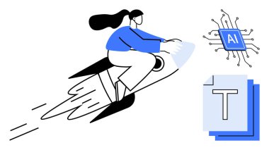 Yenilik için rokete binen kadın yapay zeka için yapay zeka, yaratıcılık için metin elementleri. Teknoloji için ideal, yapay zeka gelişimi, yenilik, gelecek, eğitim, basit iniş sayfası