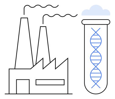 Fabrika, DNA ipliği ile test tüpünün yanına duman yayıyor. Biyoteknoloji, genetik, endüstri, yenilik, sürdürülebilirlik, bilim, üretim için idealdir. Endüstriyel ve genetik ilerlemeyi