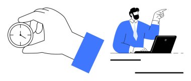 Zaman yönetimini ve iş adamını temsil eden el ele tutuşan saat. Üretkenlik, öncelik, planlama, teslim tarihleri, iş stratejisi, organizasyon için ideal, basit düz metafor