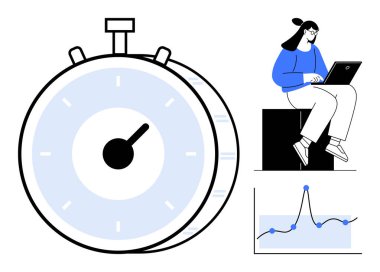 Geniş kronometre, veri noktalarıyla grafikler ve dizüstü bilgisayar kullanan biri. Üretkenlik, verimlilik, analitik, proje planlaması, son teslim tarihi yönetim performans odağı için ideal. Basit düz metafor