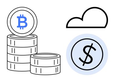 Bozuk para yığınında kripto para, mavi dairede dolar işareti ve ana hatlarıyla bulut şekli. Finans, engelleme zinciri, dijital ekonomi, bulut depolama, yatırım, zenginlik yönetimi fintech için ideal